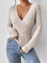 V-neck Crossover Long-sleeved Brushed Ribbed Knit T-shirt/sweater