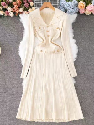 Lapel Button Ribbed Long Sleeve Fishtail Knitted Dress