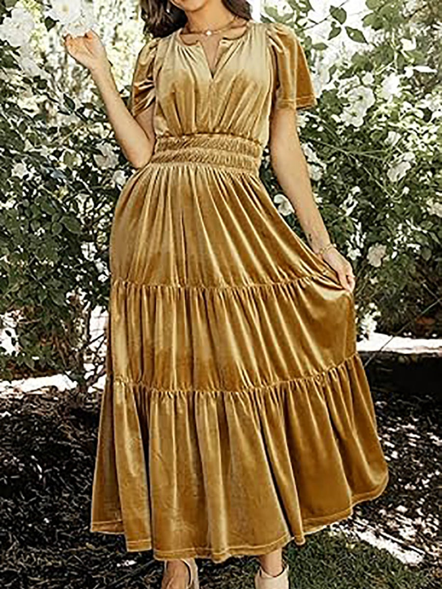 Splicing Short Sleeve Velvet Maxi Dresses