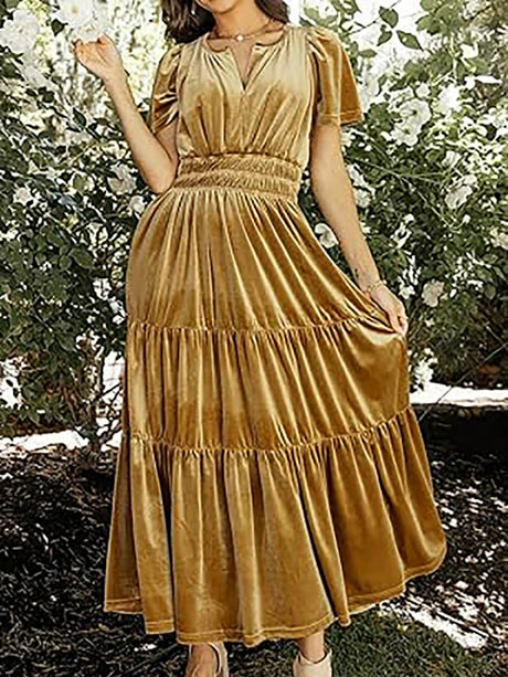 Splicing Short Sleeve Velvet Maxi Dresses
