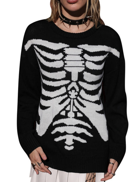 Liber Women's Tops Sweater Skull Long Sleeve Jacquard Autumn Pullover