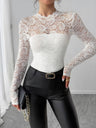 Long-sleeved High-neck Sheer Lace Slim Fit Elegant And Form-fitting Daily Party Outfit: Mesh/sheer Top