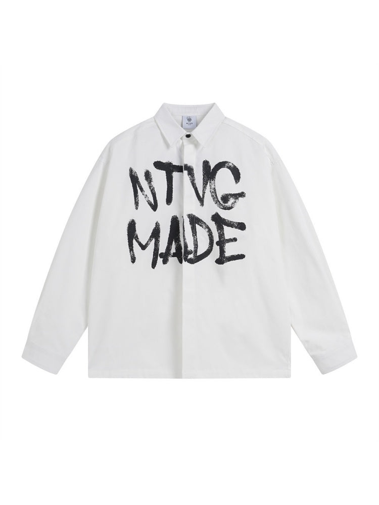 Retro Graffiti Letter Print Loose Lapel Long-sleeved Shirt