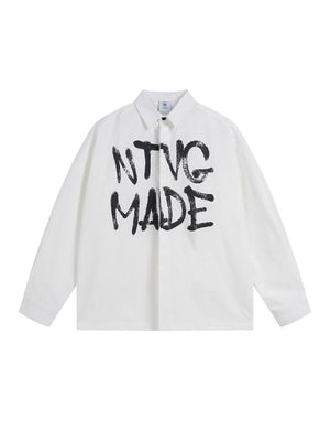 Retro Graffiti Letter Print Loose Lapel Long-sleeved Shirt