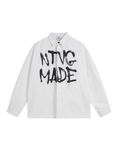 Retro Graffiti Letter Print Loose Lapel Long-sleeved Shirt