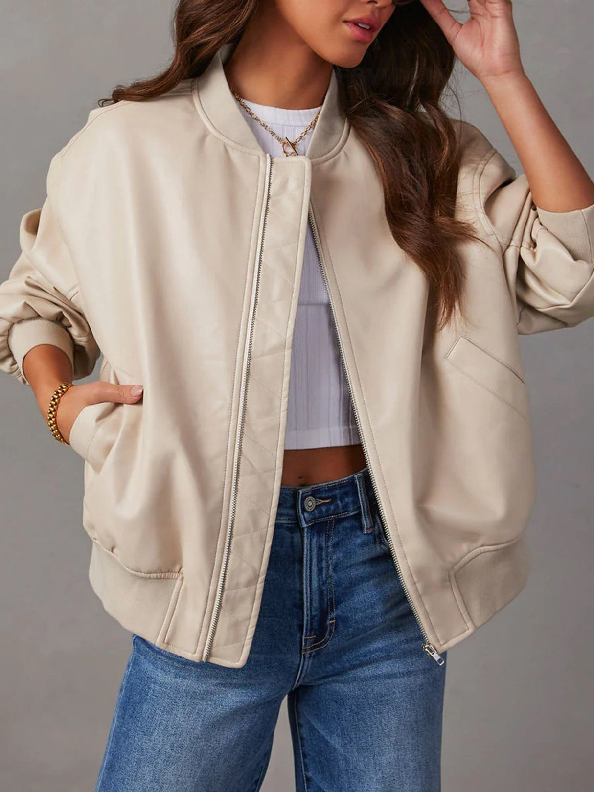 PU Leather Crew Neck Zip-up Baseball Jacket, Autumn/winter Long-sleeved Jacket, Leather Coat