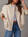PU Leather Crew Neck Zip-up Baseball Jacket, Autumn/winter Long-sleeved Jacket, Leather Coat