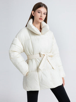 Stand Collar Tie Button Down Mid-length Warm Coat