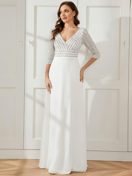 V-neck Sequins Spliced Long Dress