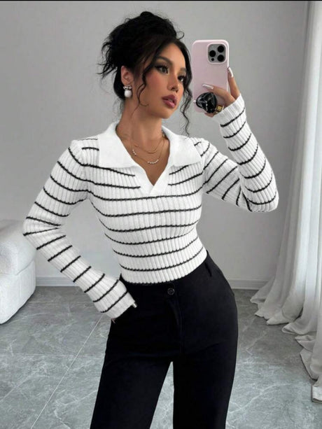 Liber Spring Women's Stripes V-neck Knitting Sweaters