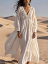 White Lace Hollow Stitching Loose Long Sleeve Cotton And Linen Maxi Dresses