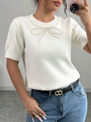 Liber Summer Women's Solid Color Pearl Bow pattern Sweaters