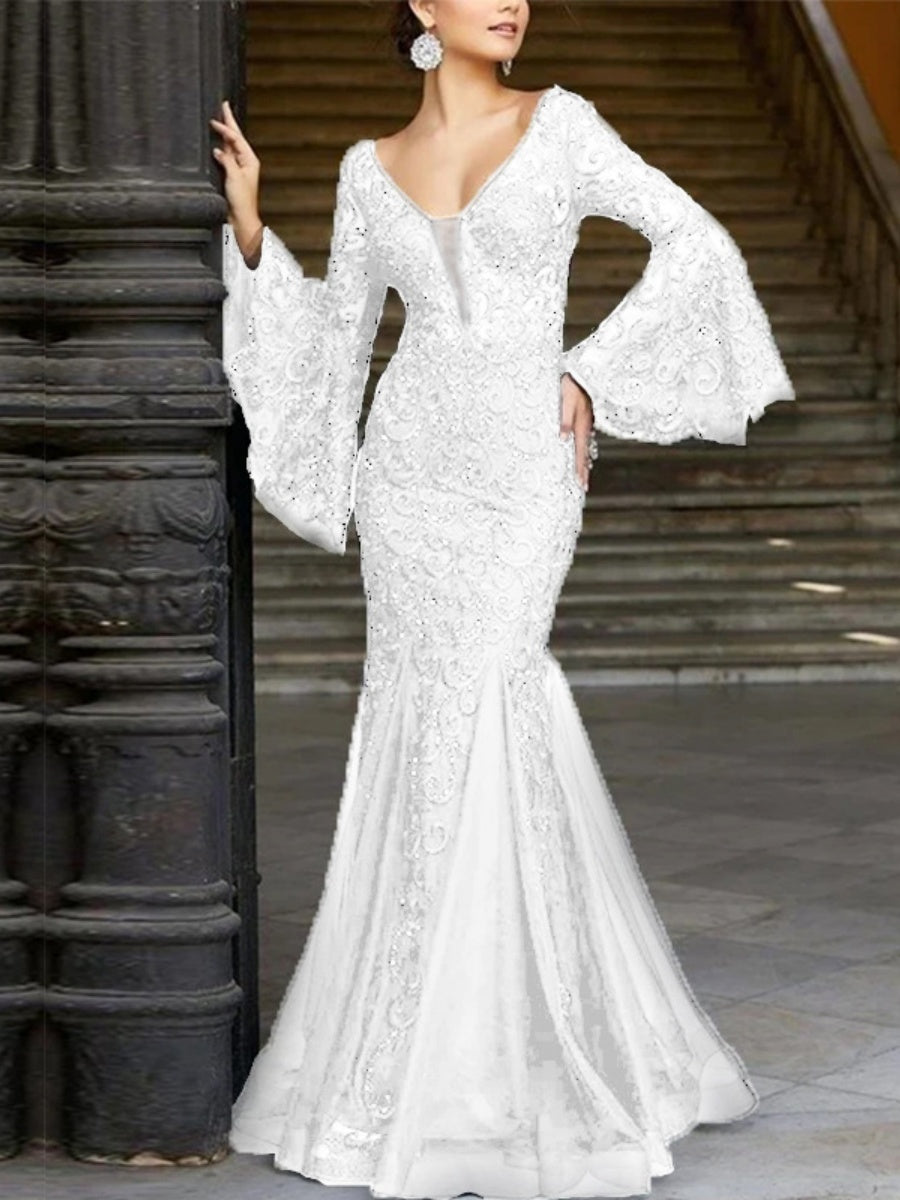 Lace Solid Color Fishtail Long Sleeve Maxi Dresses