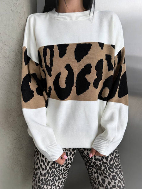 Liber Autumn women's leopard print clothing Raglan sleeve paneled pullover sweater
