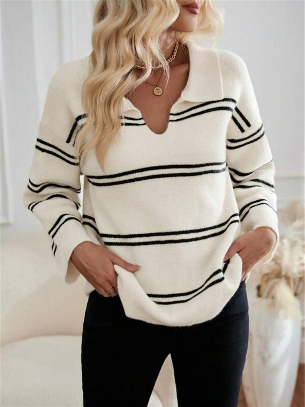 V-neck Striped Color Blocking Polo Shirt Sweater