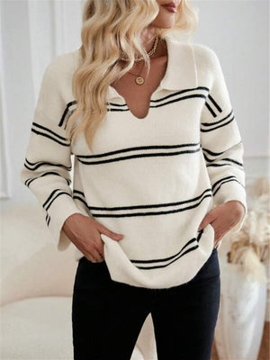 V-neck Striped Color Blocking Polo Shirt Sweater