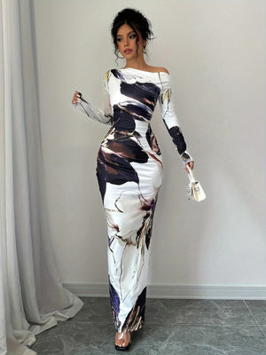 Milk Silk Printed Off-the-shoulder Long Dress