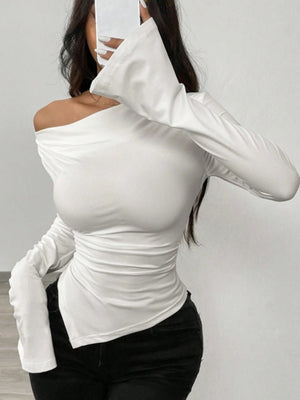 V-neck Off-shoulder Irregular Folds Long-sleeved T-shirt
