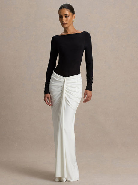 Hip-hugging Long-sleeved Contrasting Color Crimp Spliced Long Dress