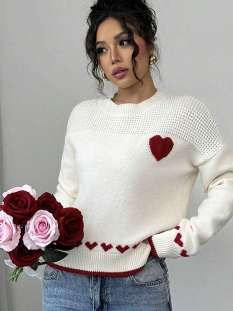 Heart pattern Crew Neck Sweaters
