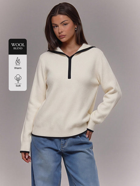 Ribbed Hooded Henley Sweater with Contrast Trim