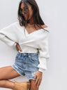 Liber Autumn women's clothing cross design Plain stitch V-neck solid color pullover long-sleeved sweater