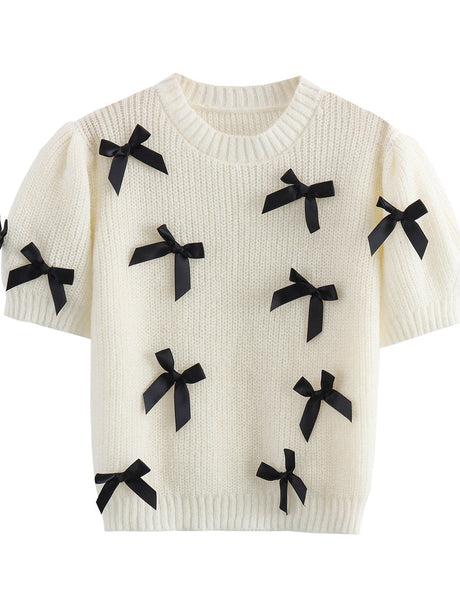 Lace up 3D Bow Short sleeve Knitting Sweaters