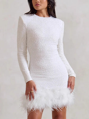 Liber Winter Women's Sequins Solid Color Long sleeve Feather Mini&Short Dresses