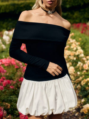Liber Autumn Women's Off-shoulder Black and white color matching Long sleeve Mini&Short Dresses
