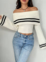 Off-shoulder Navel Exposed Striped Color Blocking Bell Sleeves Knitted Sweater