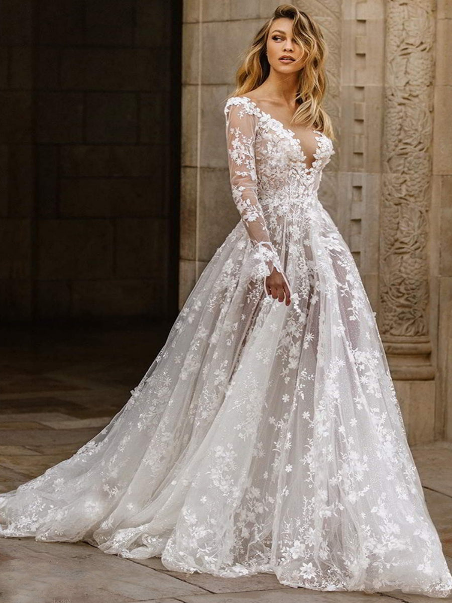 Sexy Long Sleeve V-neck Bridal Wedding Dress Maxi Dresses