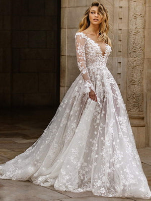 Sexy Long Sleeve V-neck Bridal Wedding Dress Maxi Dresses