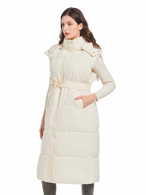 Hooded Zipper Button Vest Long Knee-length Vest Slim Waist Down Vest Jacket