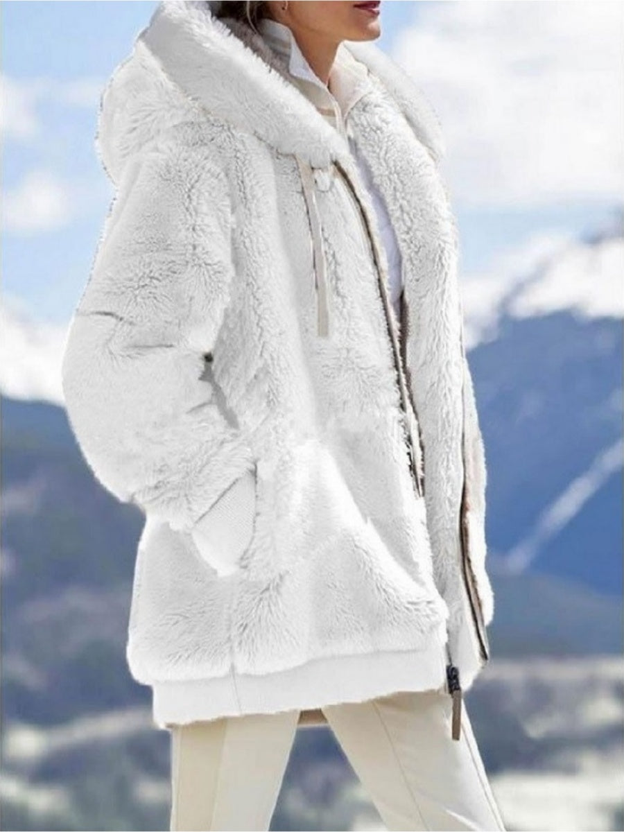 Loose Solid Color Plush Zipper Hood With Pockets Solid Color Jackets