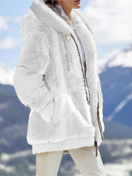 Loose Solid Color Plush Zipper Hood With Pockets Solid Color Jackets