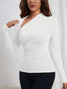 Asymmetrical Neckline Pleated Sides Long-sleeved T-shirt