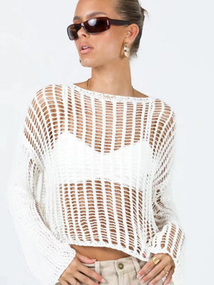 Liber Autumn women's see-through knitted loose hollow pullover mesh see-through top
