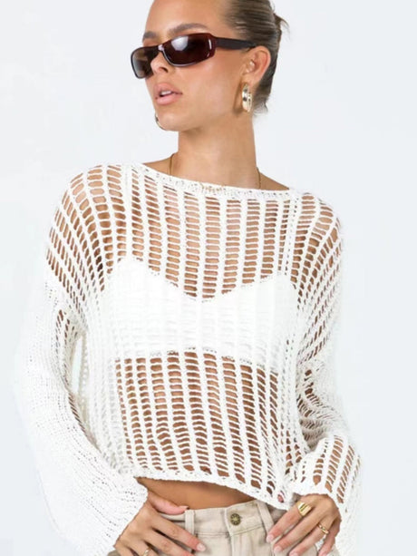 Liber Autumn women's see-through knitted loose hollow pullover mesh see-through top