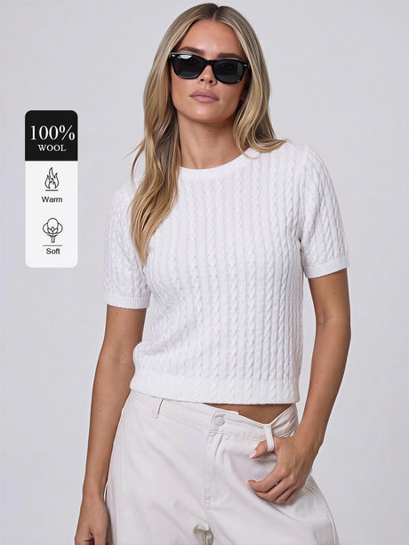 100% Wool Short-Sleeve Cable-Knit Sweater