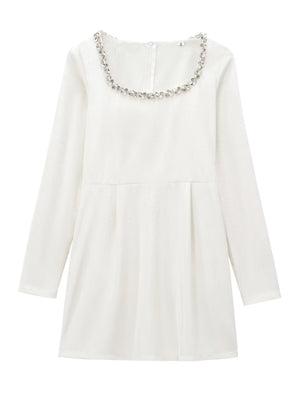 Square Collar Long Sleeve Diamond Velvet Mini&Short Dresses
