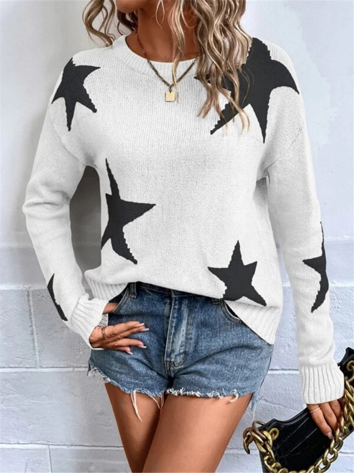 Crew Neck Star Pattern Contrasting Colors Knitted Long-sleeved Sweater