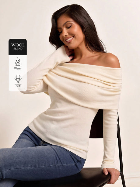 Wool Folded Off-shoulder Long-sleeved Sweater