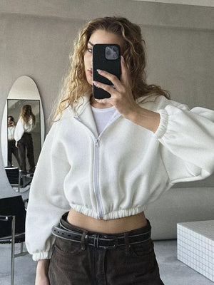 Liber Autumn women's clothing Drawstring Hooded Zippered solid color long-sleeved cardigan sweatshirt