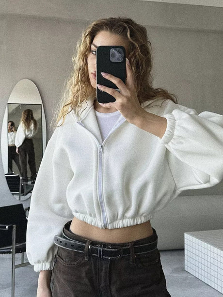 Liber Autumn women's clothing Drawstring Hooded Zippered solid color long-sleeved cardigan sweatshirt