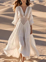Cotton And Linen White Long Sleeve V-neck Lace Stitching Maxi Dresses