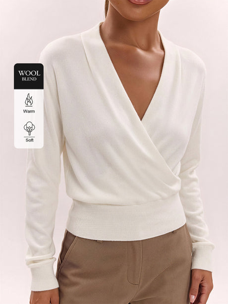 Wool Cross Wrap V Neckline, Fitted Waist, Long Sleeves
