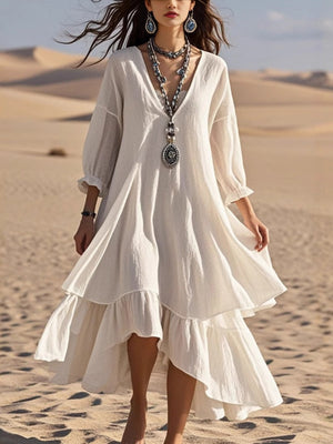 Cotton And Linen White Long Sleeve V-neck Maxi Dresses
