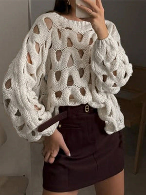 Hollow Out Crochet Long-sleeved Knitted Sweater