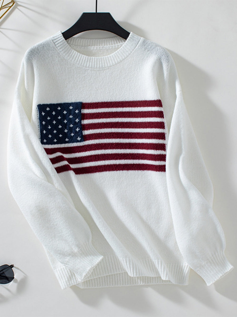 American Flag Jacquard Hood Crew Neck Sweaters