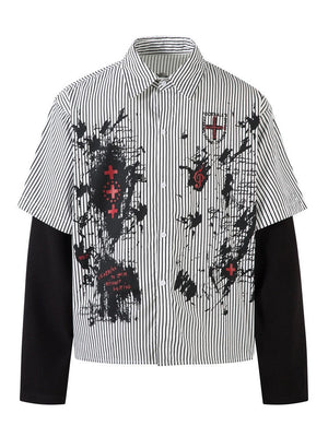 Fake Two Pieces Vertical Stripe Dark Graffiti Ink Prints Paneled Long-sleeved Shirt